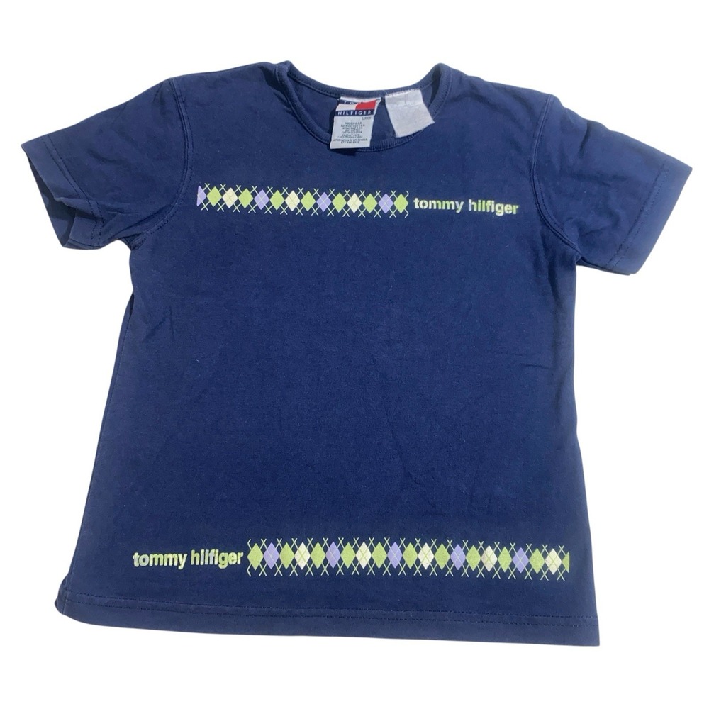 Vintage Tommy Hilfiger Navy Blue Argyle Logo Tee Made in USA Child Boy Size S/P